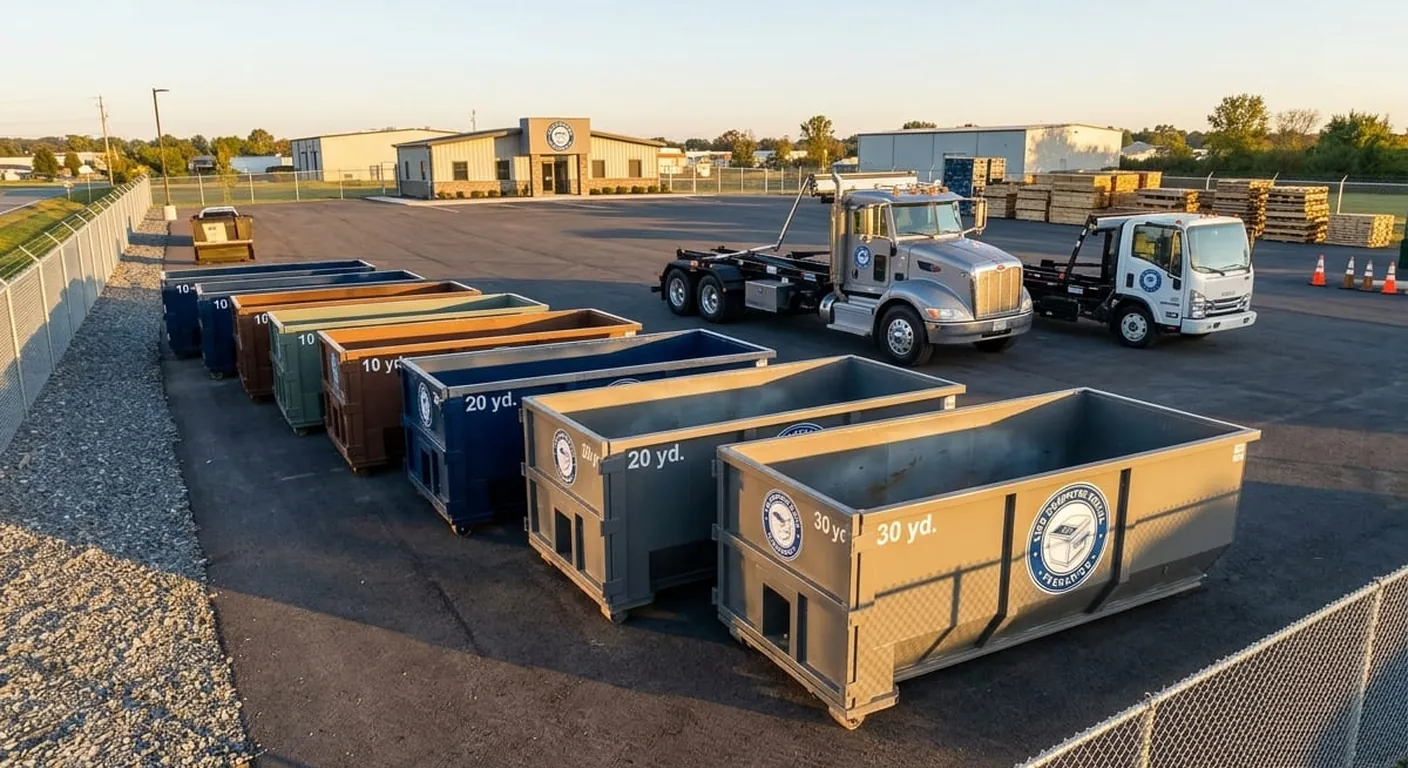 10 yard dumpster Frederick MD A 10 yard LWB roll-off dumpster staged at the company yard near Frederick, MD
