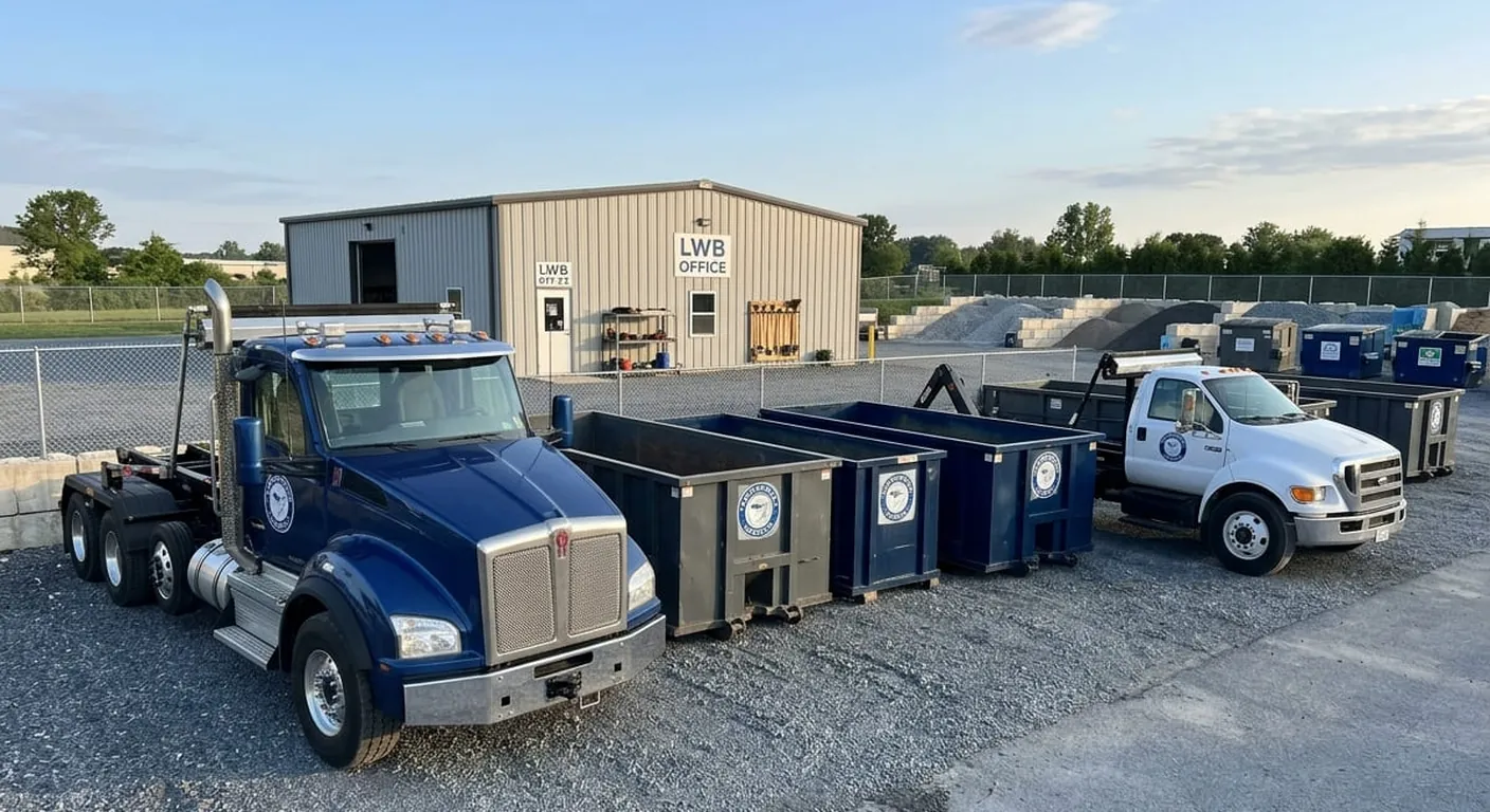 40 yard dumpster Frederick MD An LWB roll-off truck and large container staged for a 40 yard delivery near Frederick, MD