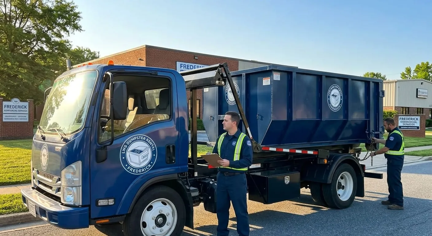 Commercial dumpster rental Frederick MD LWB crew members reviewing a delivery beside a commercial roll-off truck outside a Frederick-area business