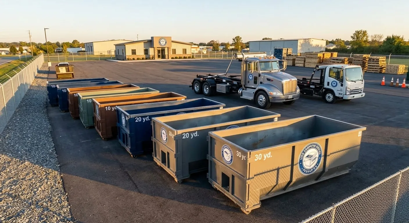 Dumpster rental fleet Frederick MD LWB's lineup of 10, 20 and 30 yard roll-off containers and trucks at the company yard