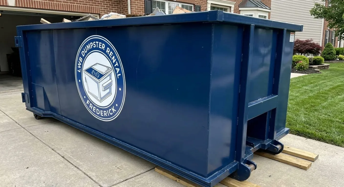 LWB Dumpster Rental Frederick branded roll-off container full of renovation debris on a Frederick, MD driveway