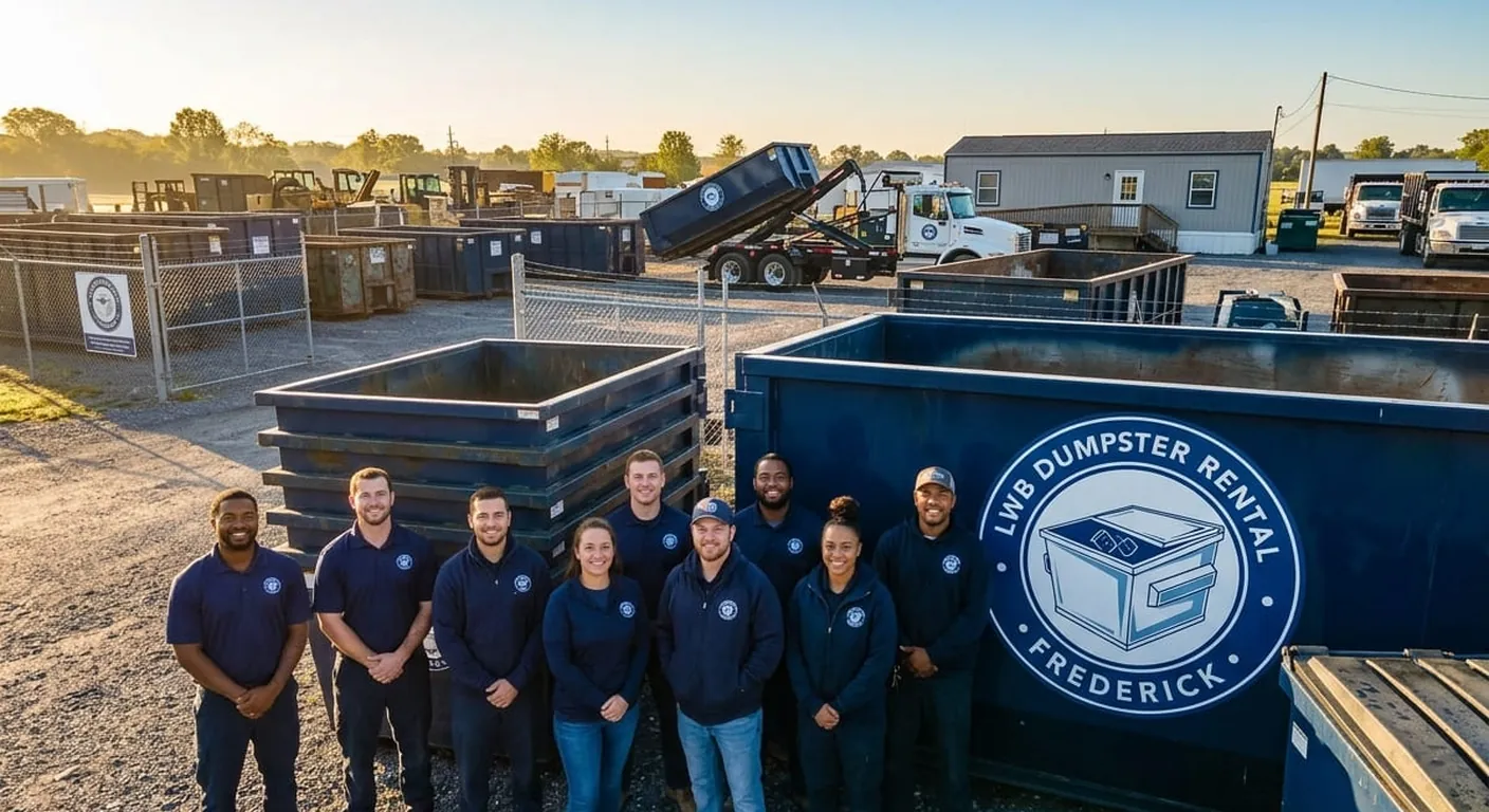The LWB Dumpster Rental Frederick crew standing together at the yard beside a branded navy roll-off container