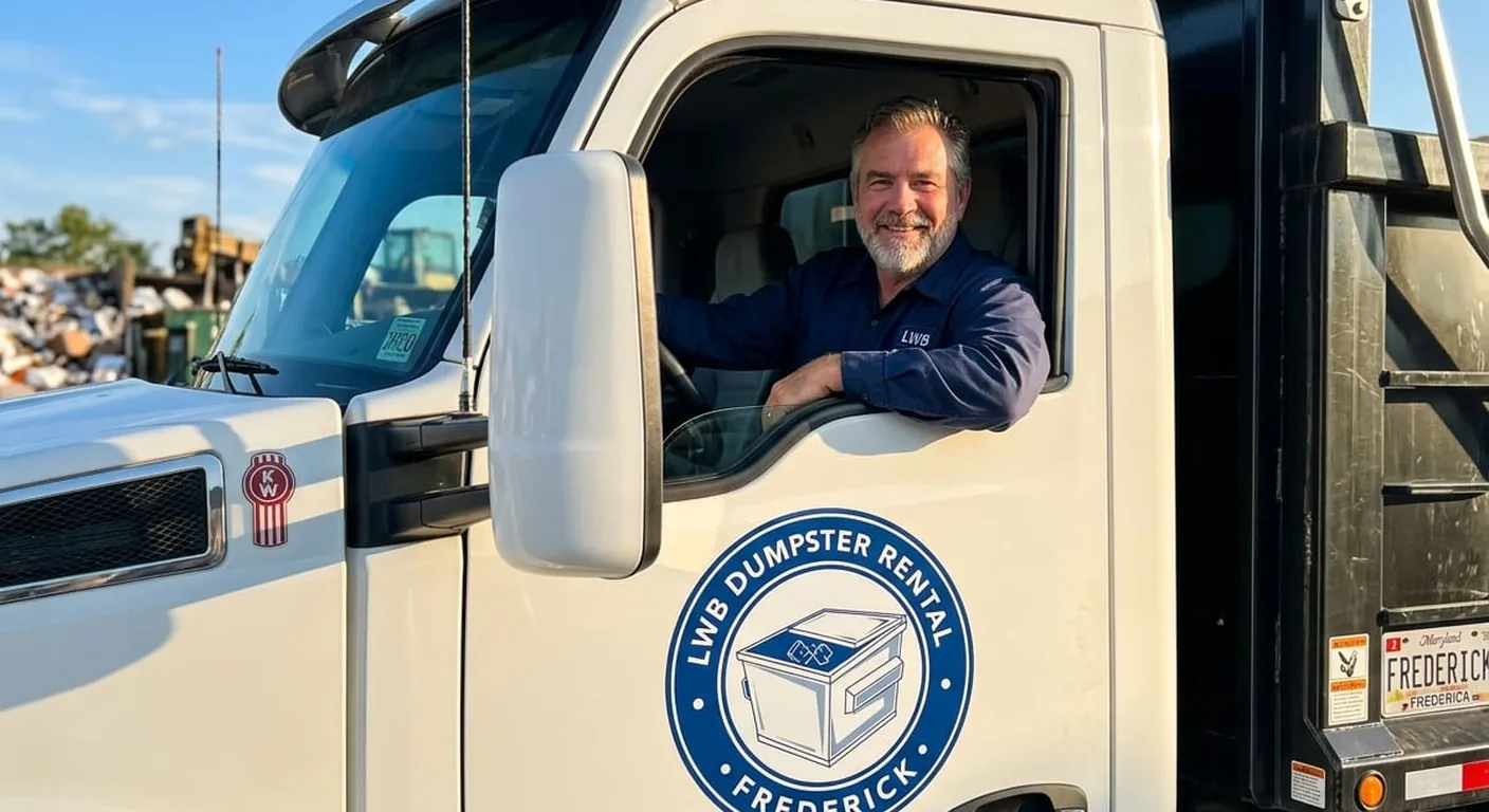 LWB Dumpster Rental Frederick driver An LWB Dumpster Rental Frederick driver in the cab of a roll-off truck at the yard