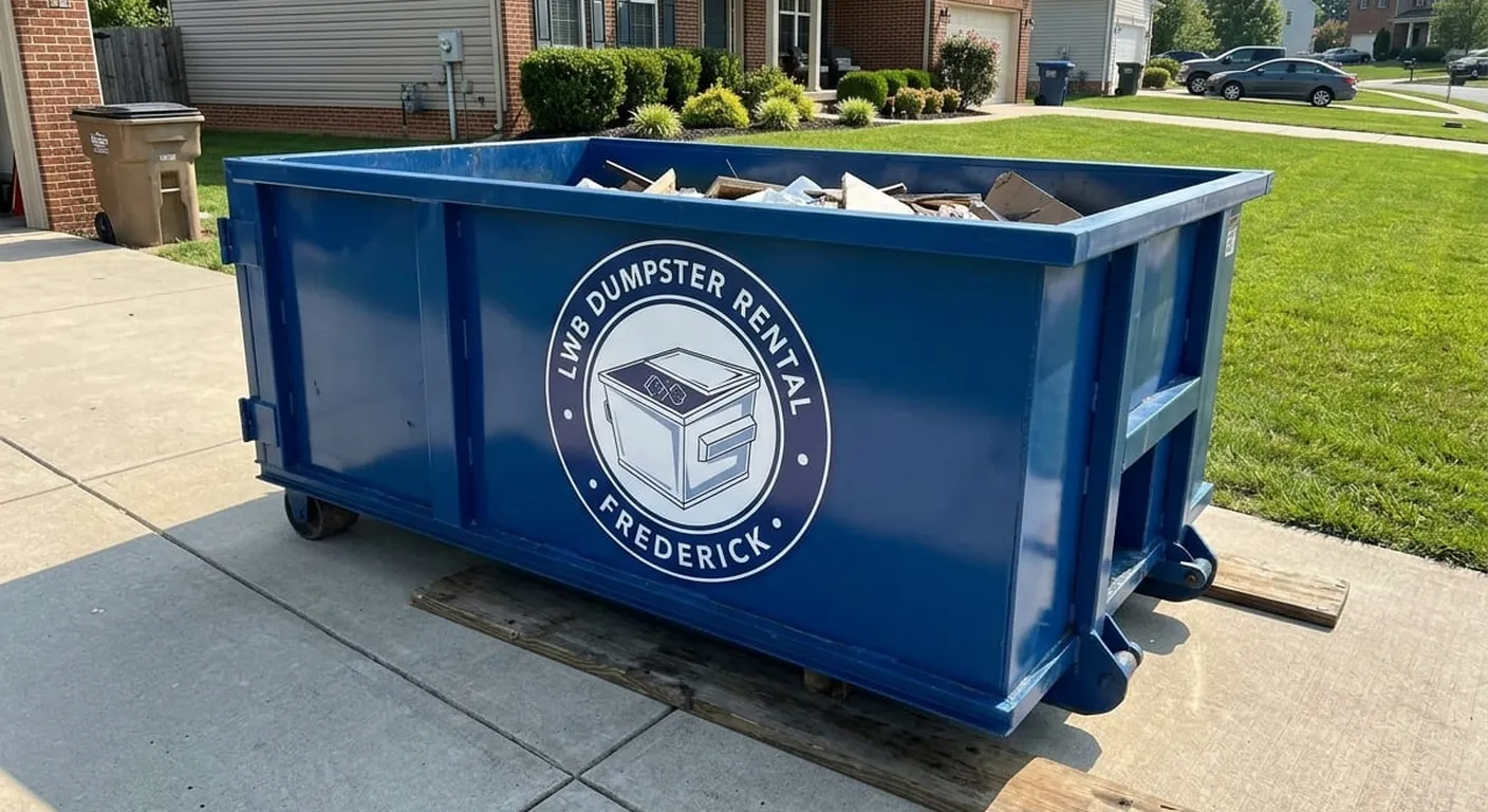 LWB roll-off dumpster staged in a driveway for a family estate cleanout near Frederick, MD