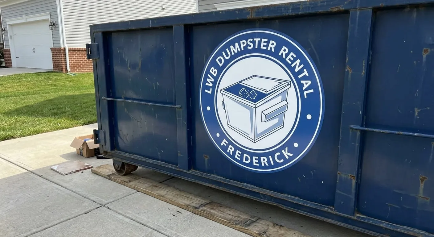 LWB branded roll-off dumpster positioned on a Frederick-area driveway for a junk removal job