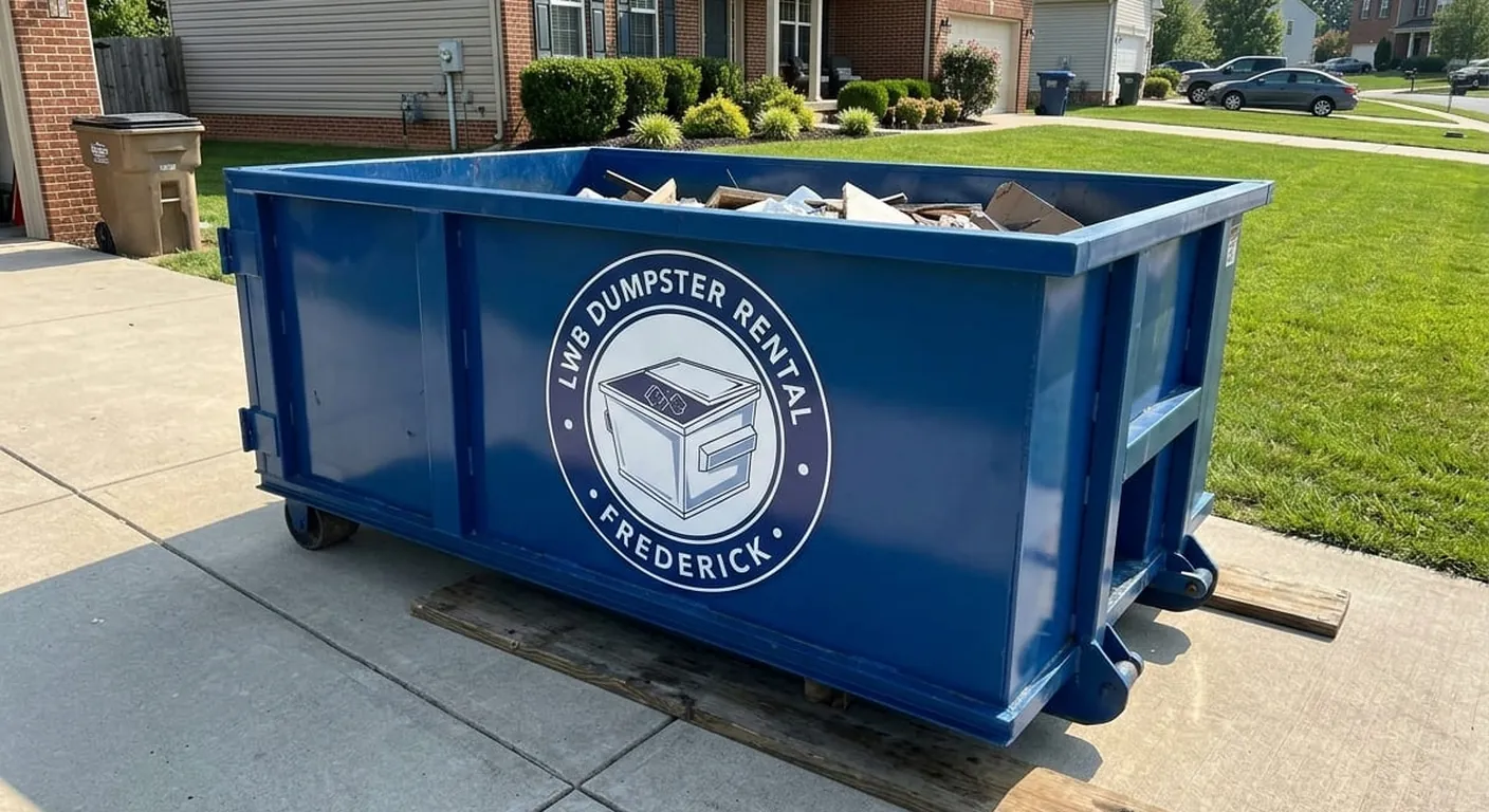LWB roll-off dumpster loaded with renovation debris in a Frederick-area residential driveway
