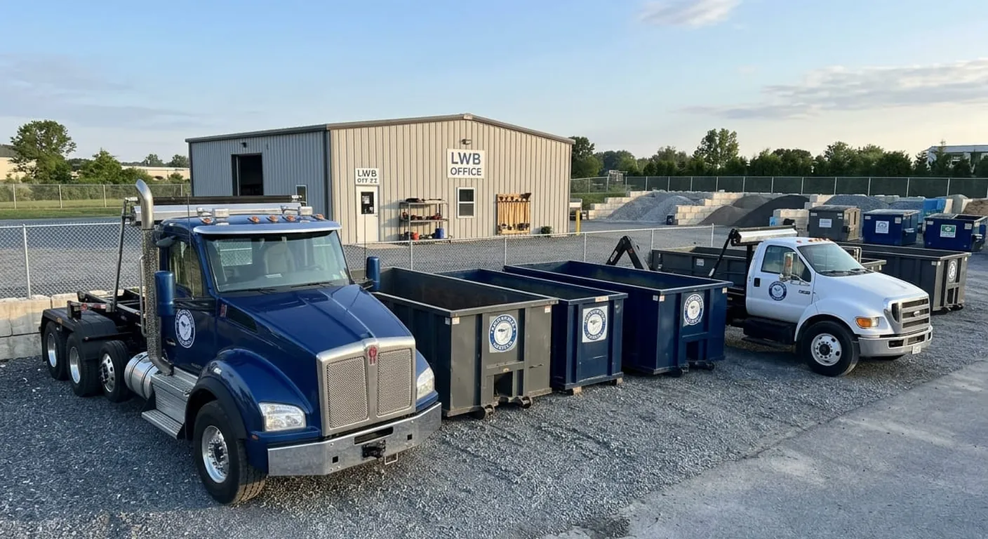 LWB roll-off trucks and containers staged at the company yard near Frederick, MD