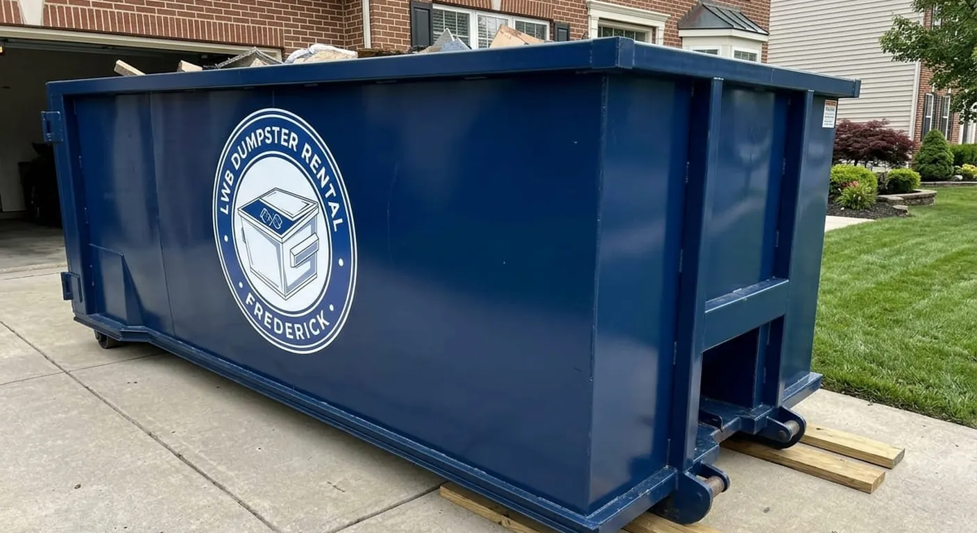 LWB roll-off dumpster positioned in a driveway for a shingle tear-off near Frederick, MD
