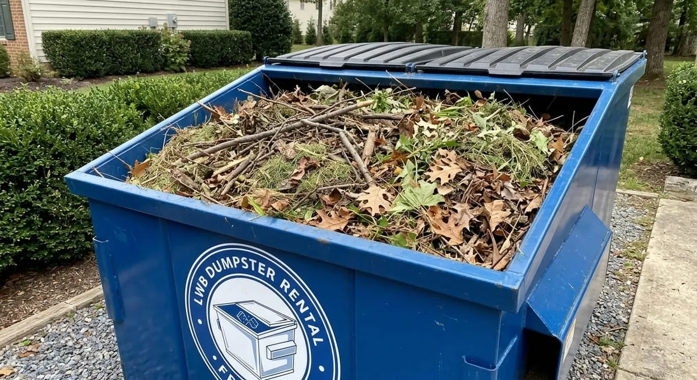 LWB dumpster filled with leaves and brush after a yard cleanup near Frederick, MD